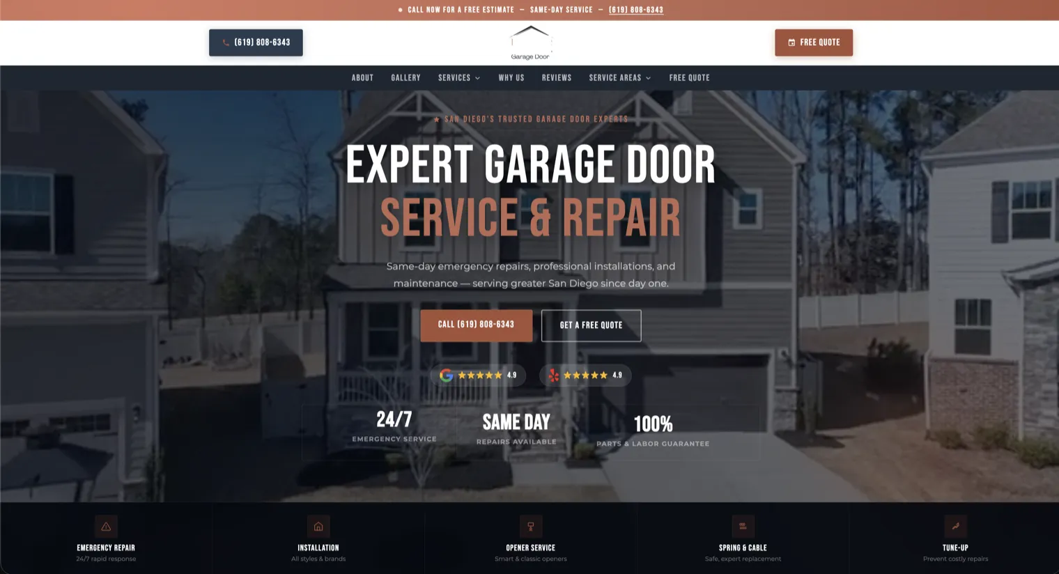 Garage door repair website design — emergency service and free quotes built by N1